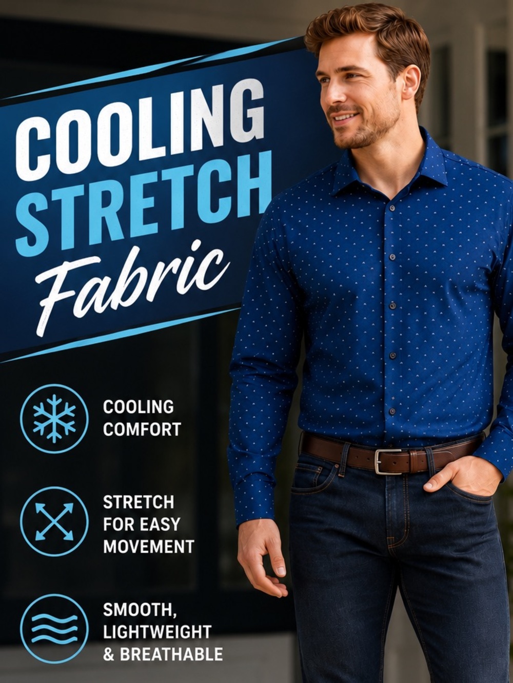 Nautica Performance Stretch Slim Fit Button Down Shirt Blue Print Men’s Large